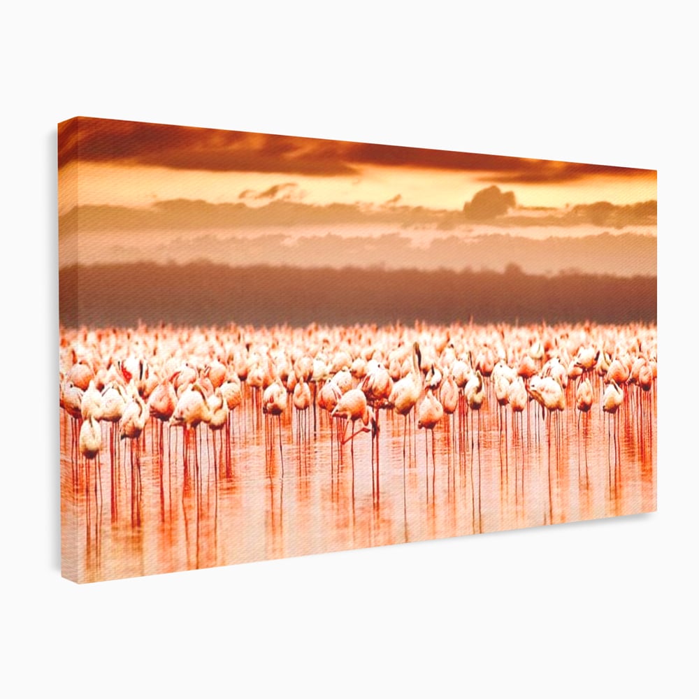 Tablou canvas cu tablou canvas cu stol de flamingo la apus, fara rama, pe sasiu de lemn